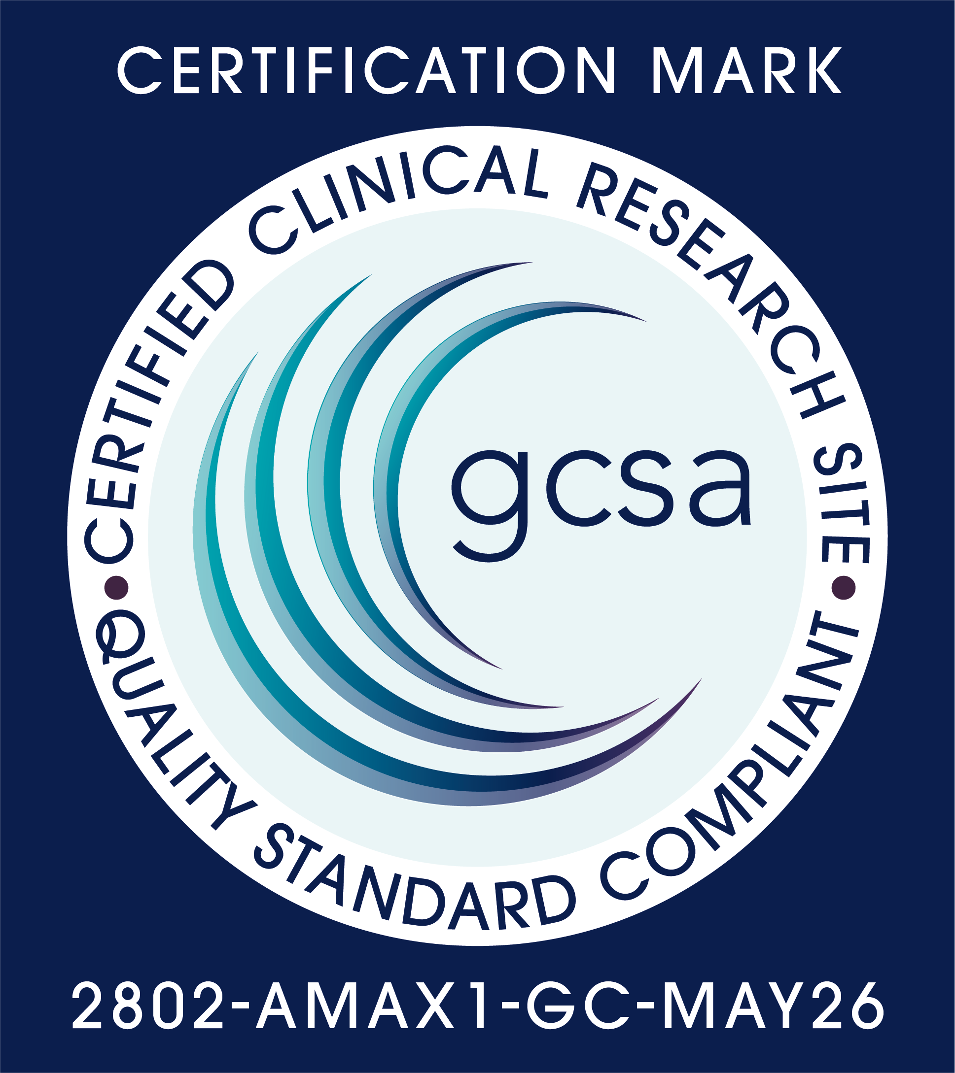 IAOCR GCSA Certification Mark — Amavita Research Services LLC, Certification ID 2802-AMAX1-GC-MAY26, valid May 2026 through February 2027
